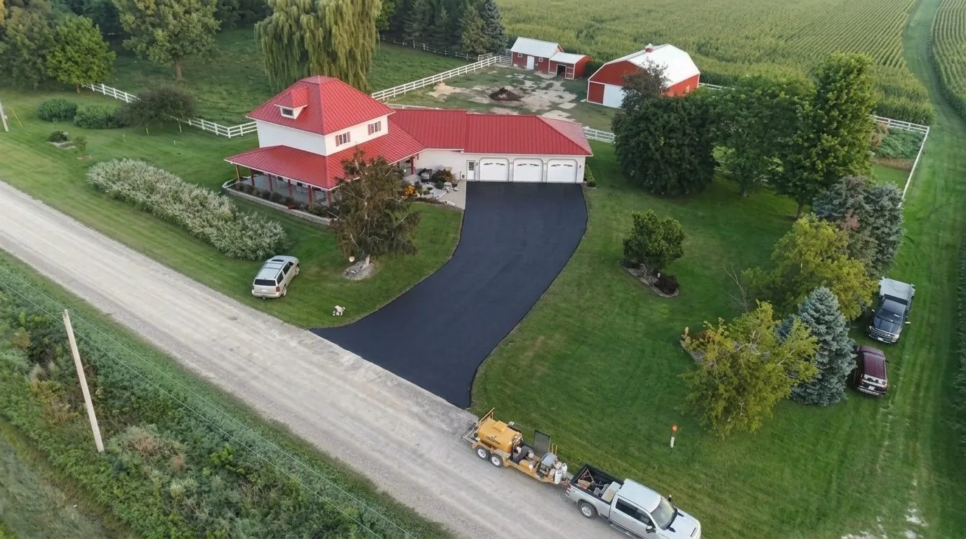 Same driveway after sealcoating: fresh, dark black asphalt finish